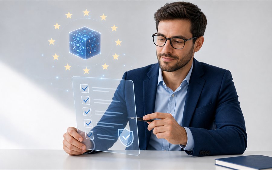 Kursbild EU AI Act mit KI-Kompetenz Checkliste und Compliance-Symbolen