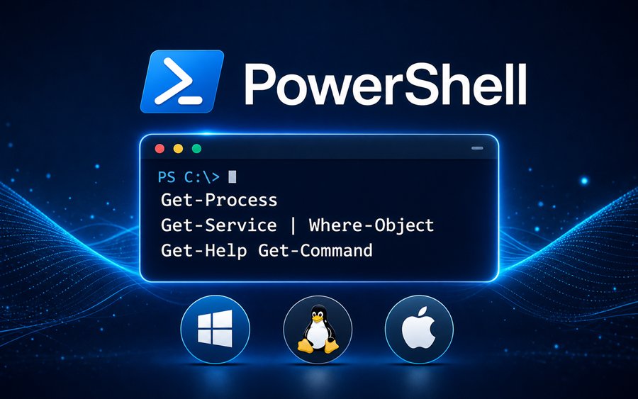 PowerShell Kursgrafik mit Terminalbefehlen und Plattform-Icons für Windows, Linux und macOS