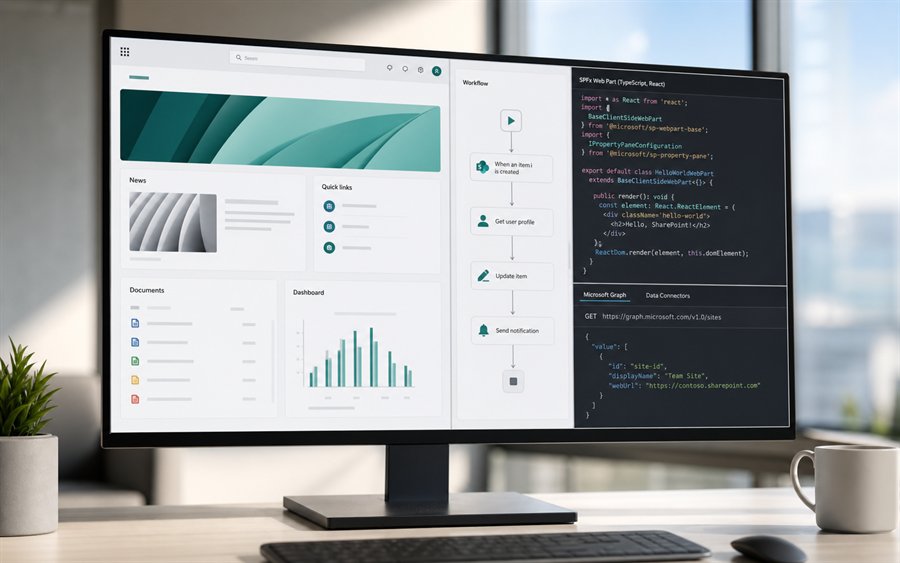 SharePoint Framework Entwicklungsworkflow mit WebParts und Code als Symbol für SPFx Schulung