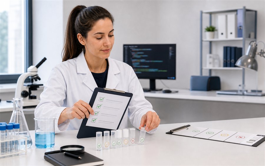 Frau im Labormantel prüft Softwaretests, Testfälle und Qualitätsberichte